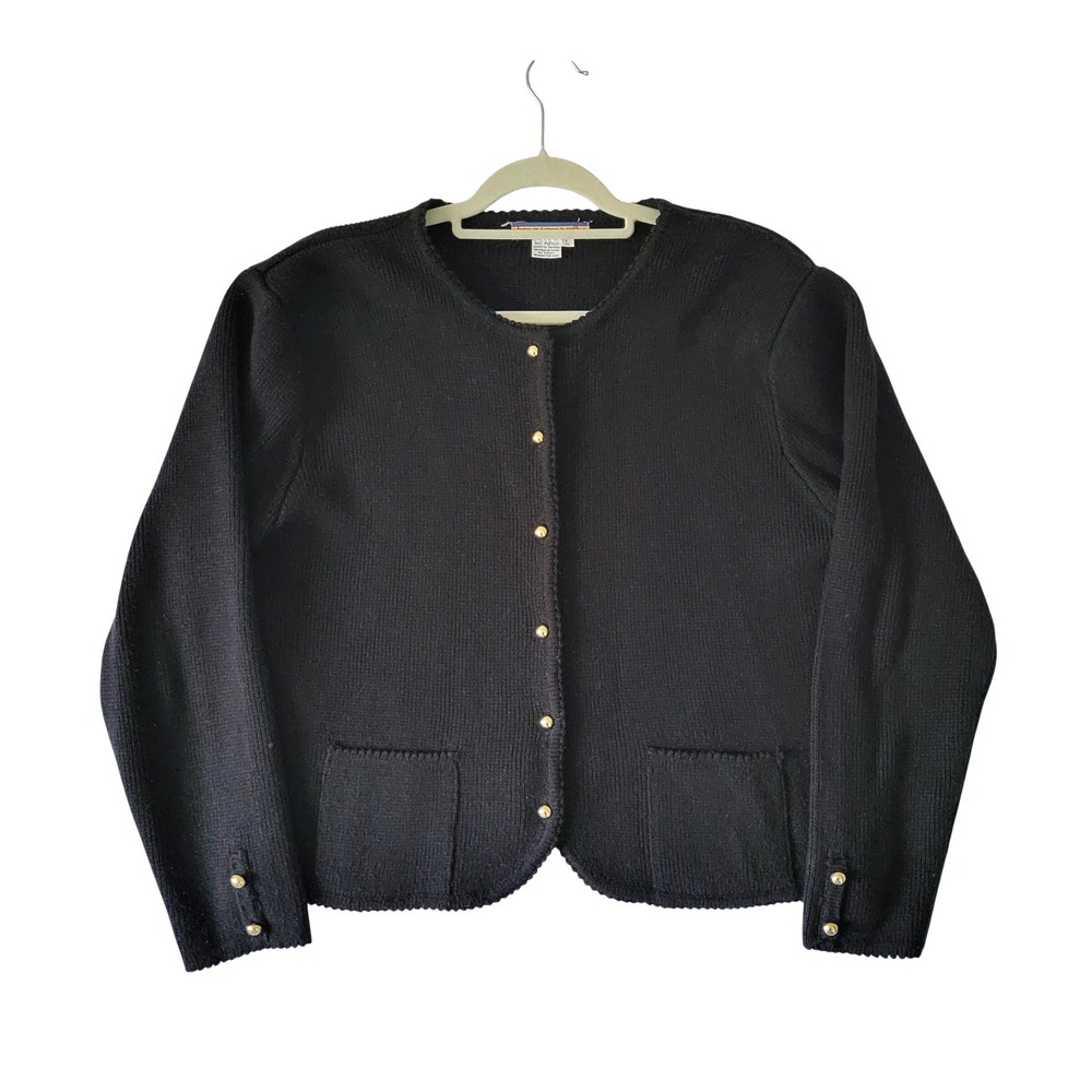 Vintage Bryn Connelly Black Cardigan Sweater Large Gold Tone Buttons Pockets L‎